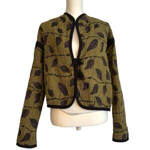 Womens Reversible Short Jacket Green Purple Leaves Button Front Boho‎ Sz Medium